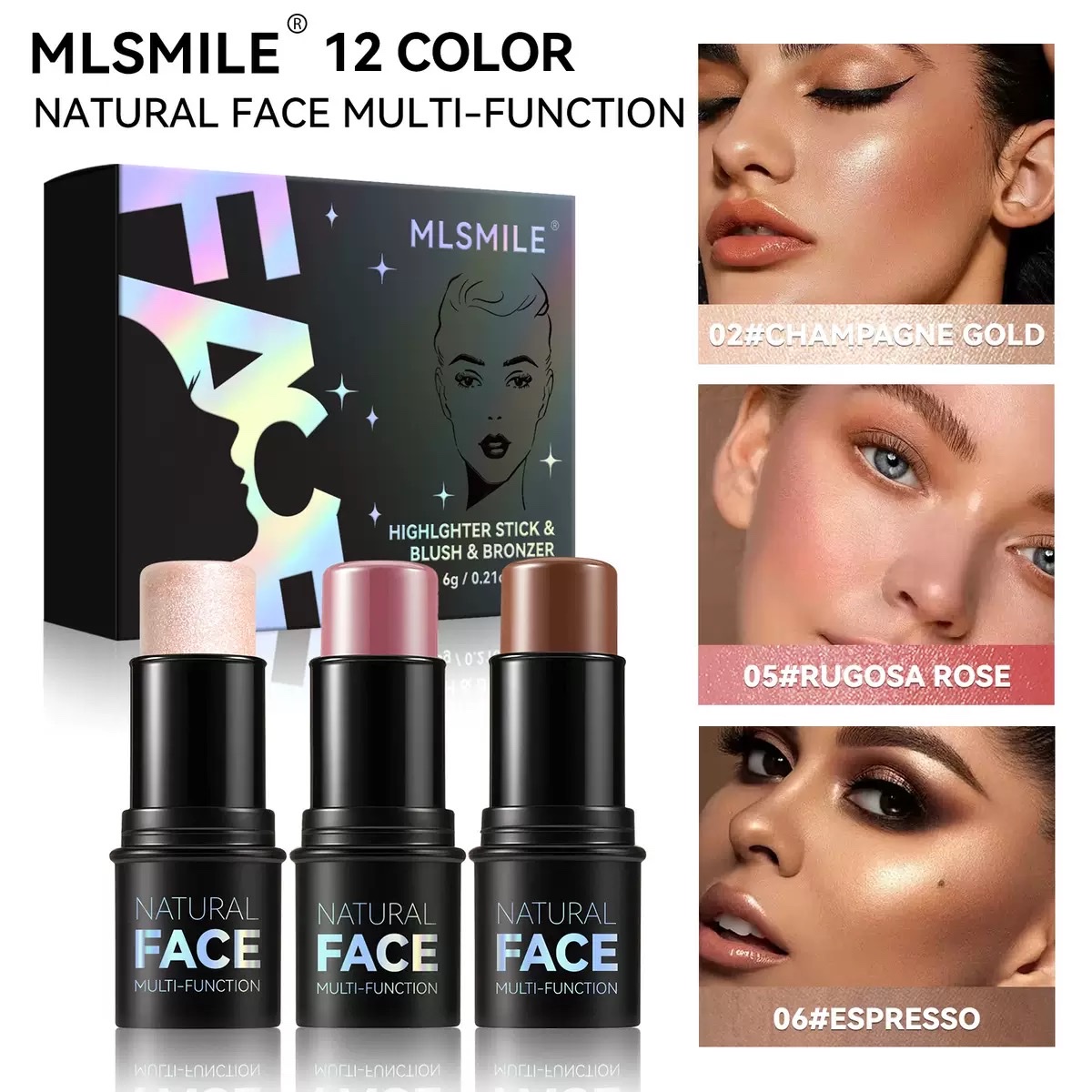 跨境热销3支装高光修容棒套装 提亮遮瑕修饰轮廓腮红棒珠光粉