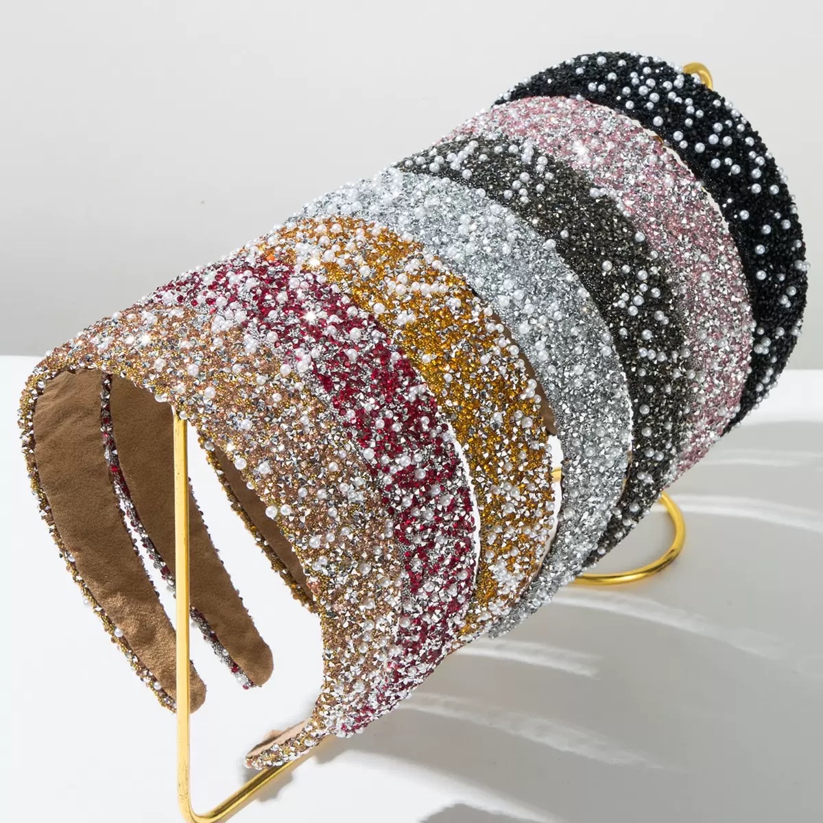 跨境新款彩色发箍珍珠满钻韩式超闪轻奢水钻头箍小众高级感发饰女 发箍珍珠头箍头箍头箍头饰