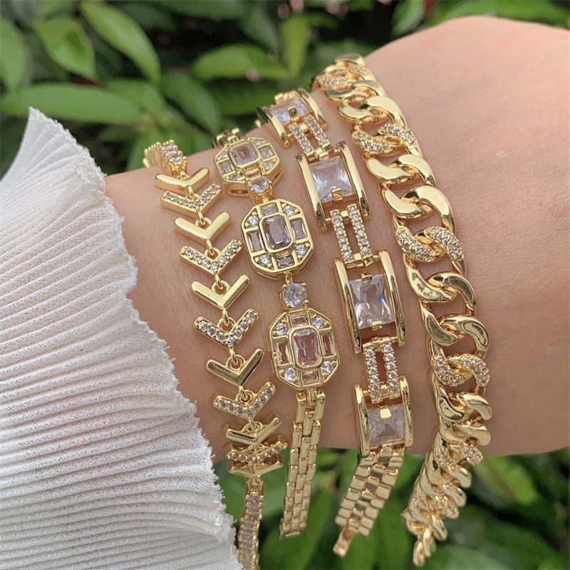 时尚多款式铜镀18K金彩色锆石油滴手链适合日常佩戴情人节礼物  古巴链手链