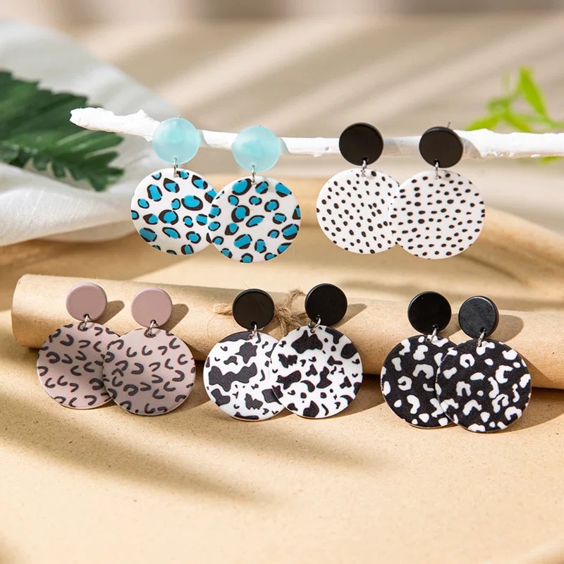 复古波点豹纹亚克力耳环女ins小众设计感圆形耳坠欧美高级感耳饰 耳针饰品