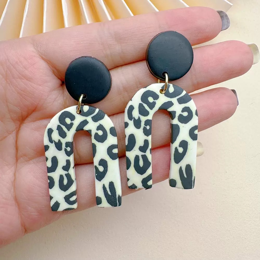 小众复古耳环欧美豹纹软陶耳饰高级感耳钉棕色手工聚合物黏土耳坠 耳饰配件