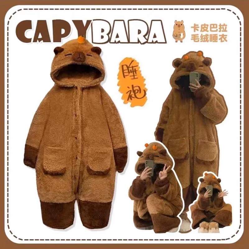 卡皮巴拉睡衣女冬季珊瑚绒加厚加绒冬天睡袍长款法兰绒浴袍家居服
