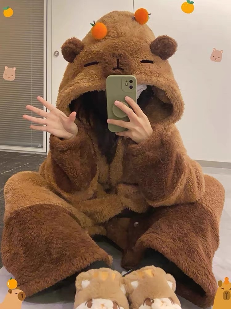 卡皮巴拉睡衣女冬季珊瑚绒加厚加绒冬天睡袍长款法兰绒浴袍家居服产品图