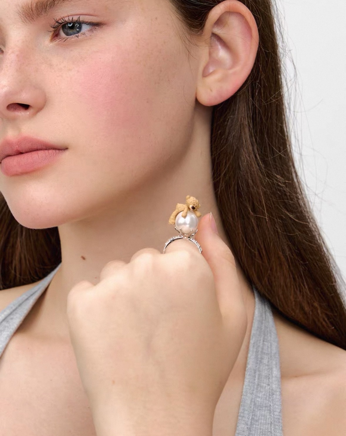 13DEMARZO立体趴趴熊玩偶珍珠百搭银色戒指精致小众饰品女24新款产品图