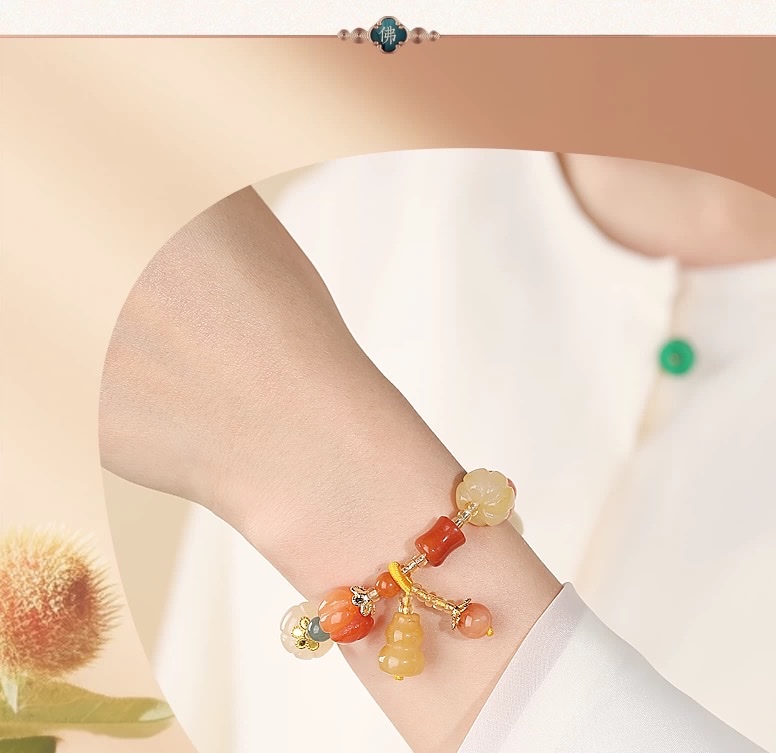 Natural gold thread jade bracelet, pumpkin bracelet, Xinjiang Hotan bracelet, jade bracelet, gourd, ethnic style, PI Xiu girl detail image 7