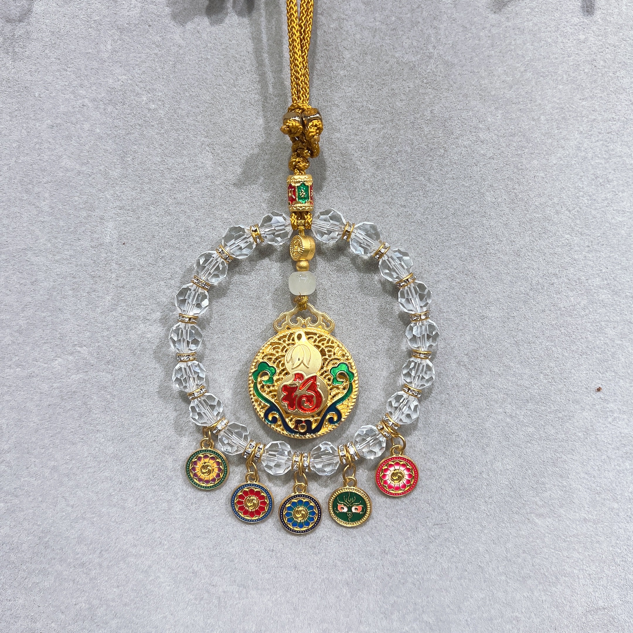 New Chinese-style five-way God of Wealth, colorful glass jewelry, peace and good fortune lock car pendant, dazzling crystal pendant accessory Application Scenario