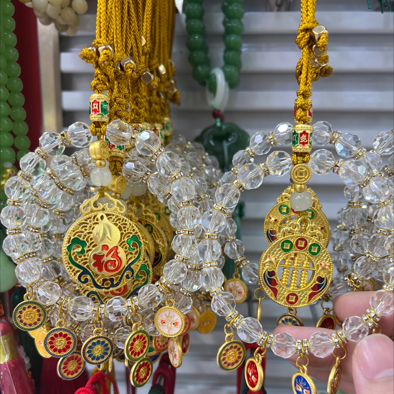 New Chinese-style five-way God of Wealth, colorful glass jewelry, peace and good fortune lock car pendant, dazzling crystal pendant accessory detail image 6