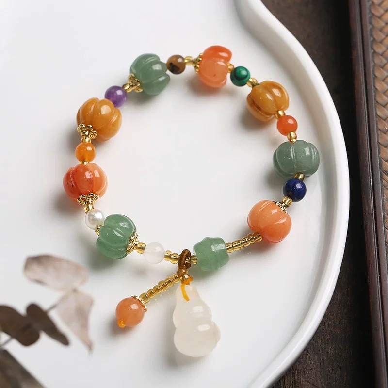 Natural gold thread jade bracelet, pumpkin bracelet, Xinjiang Hotan bracelet, jade bracelet, gourd, ethnic style, PI Xiu girl Specification image