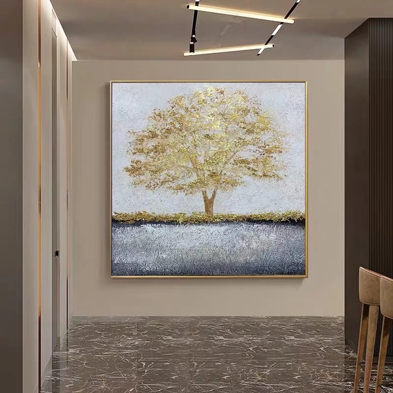 Jiusheng hand-painted Money Tree Oil Painting, Golden Tree Hand-painted Oil Painting, 600*600mm frameless painting, canvas painting, can be done as spray painting oil painting, various styles, large quantity discounts, can be done as framed painting, European and American style decorative painting oil painting