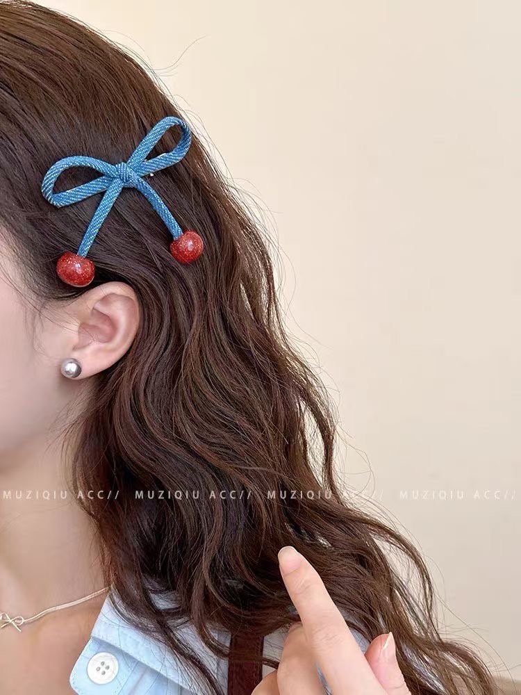	少女心爆棚！蓝色蝴蝶结樱桃发夹，甜美造型必备详情图3
