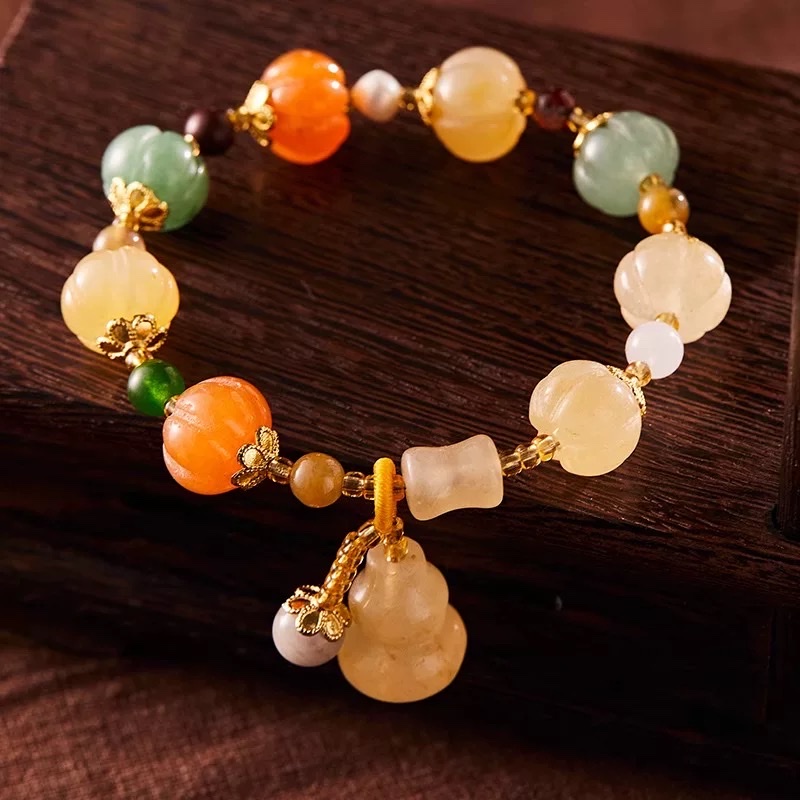 Natural gold thread jade bracelet, pumpkin bracelet, Xinjiang Hotan bracelet, jade bracelet, gourd, ethnic style, PI Xiu girl details Picture