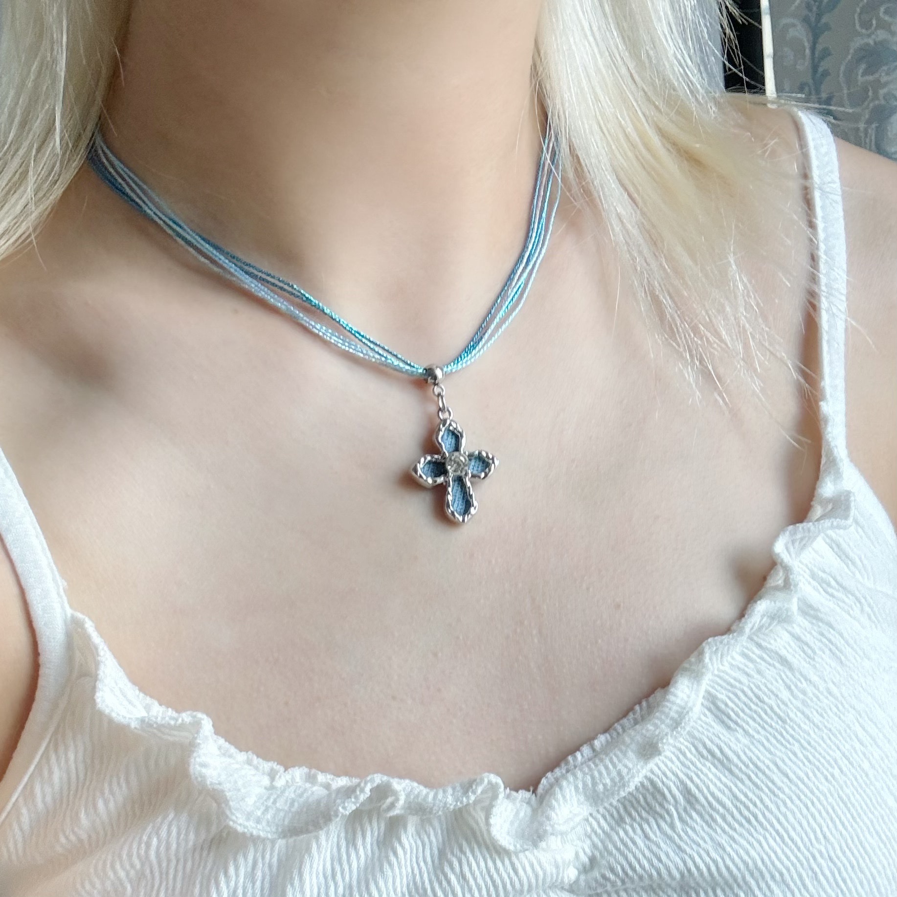 Dopamine blue denim cross braided rope necklace, niche hot girl y2k sweet and cool Abi InS-style collarbone chain Specification image