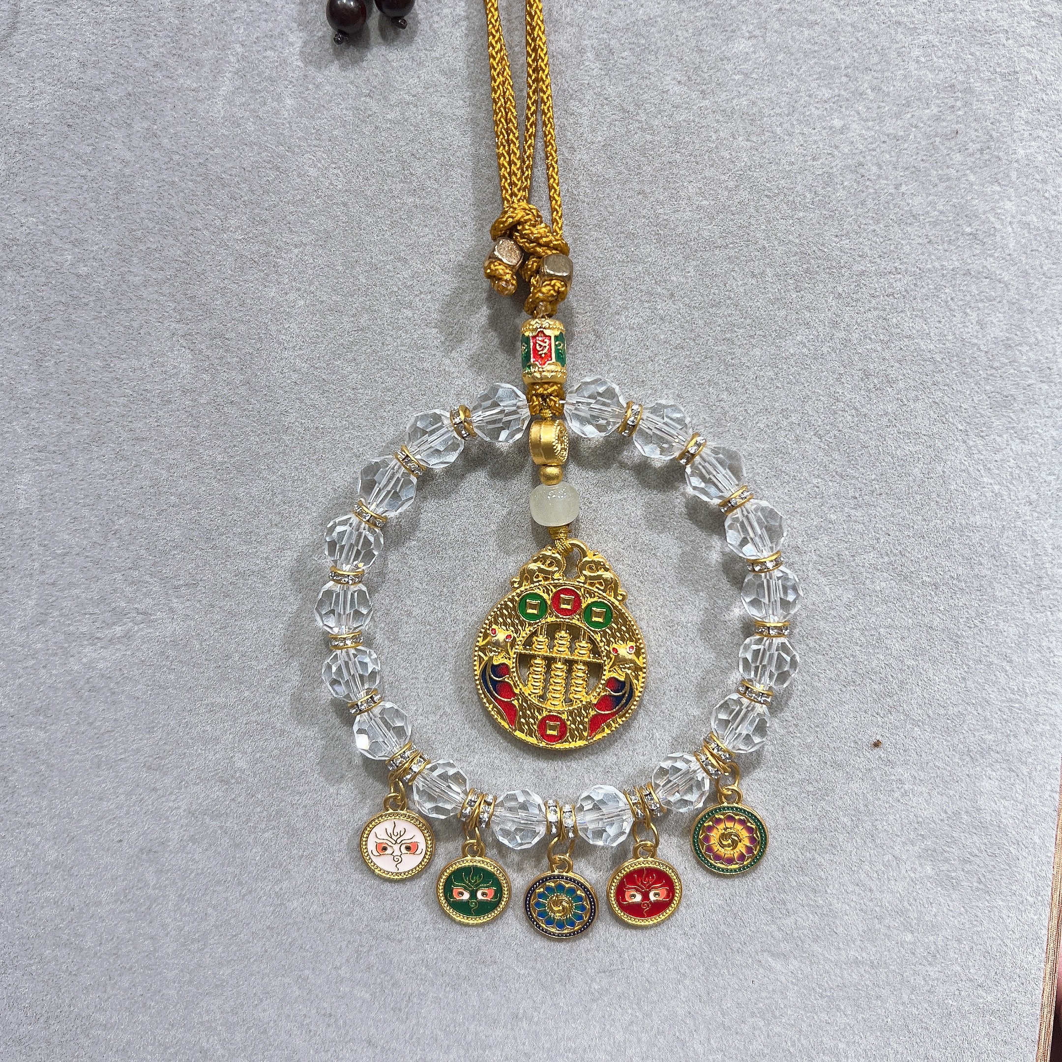 New Chinese-style five-way God of Wealth, colorful glass jewelry, peace and good fortune lock car pendant, dazzling crystal pendant accessory Item Picture
