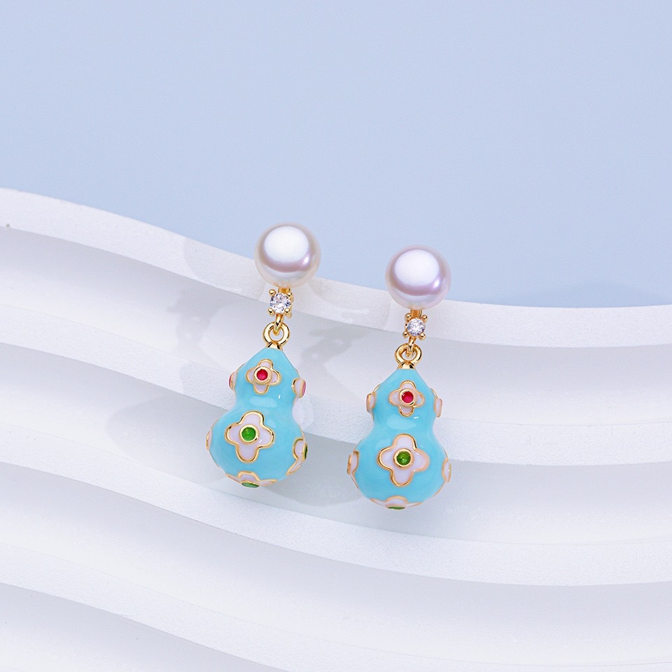 渐变色滴油淡水珍珠耳钉S925银针蝴蝶气质高级感耳饰饰品耳环新款 