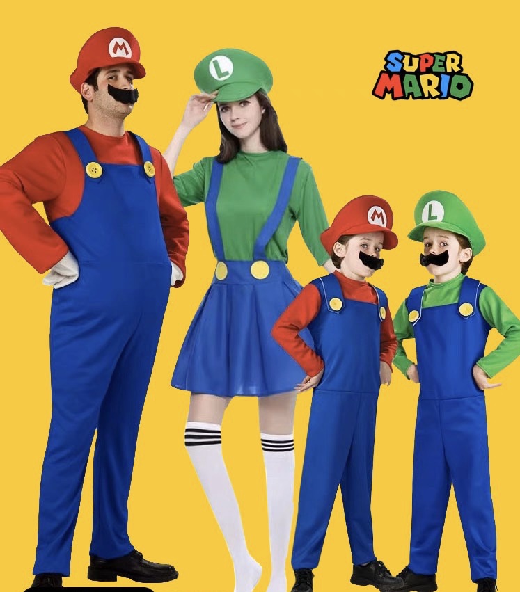 万圣节cosplay动漫服装亲子角色扮演儿童马里奥衣服超级玛丽套装白底实物图