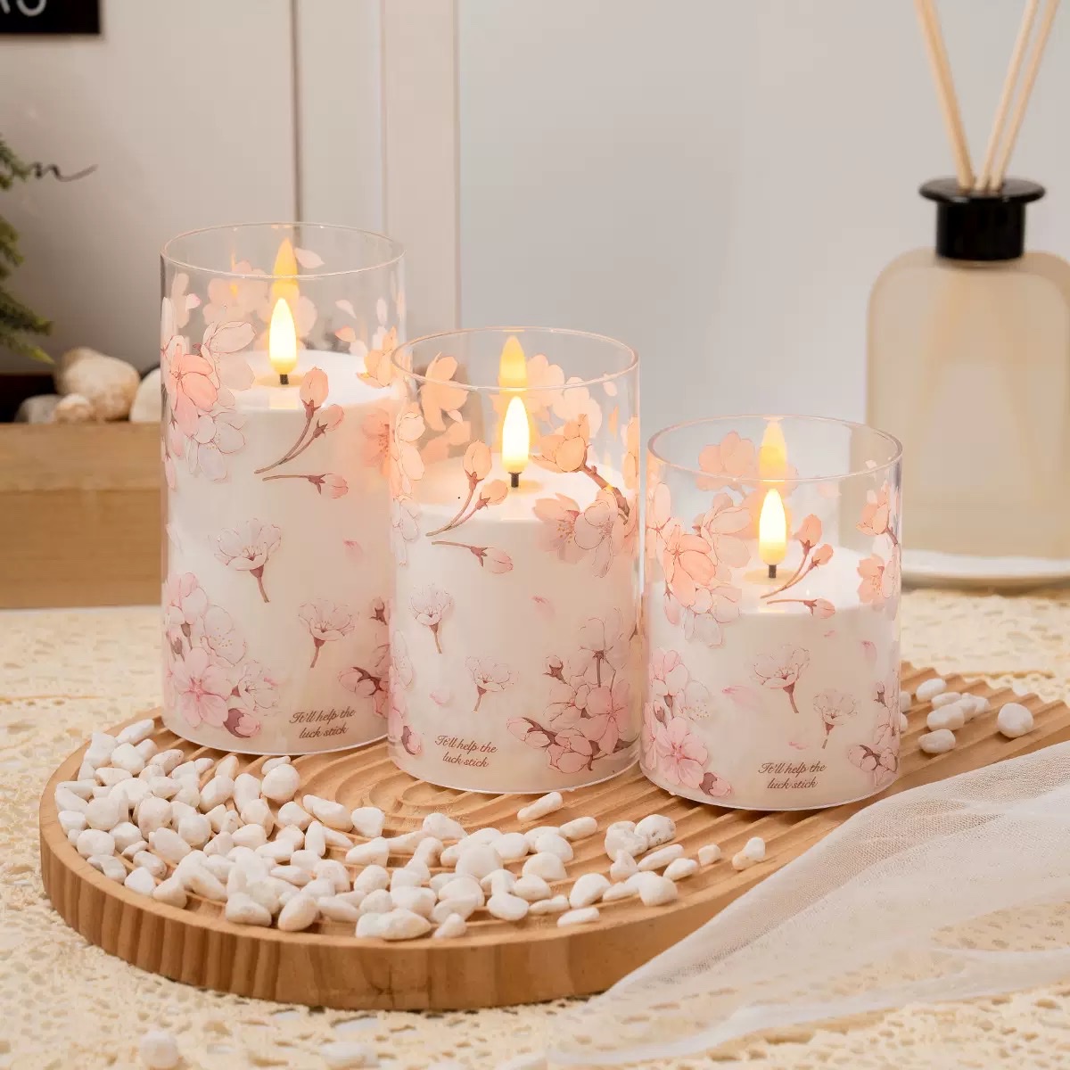 Cherry blossom printed electronic candle lamp, LED flat socket electric candle lamp, decorative lamp, festival atmosphere lamp, flame does not burn detail image 2
