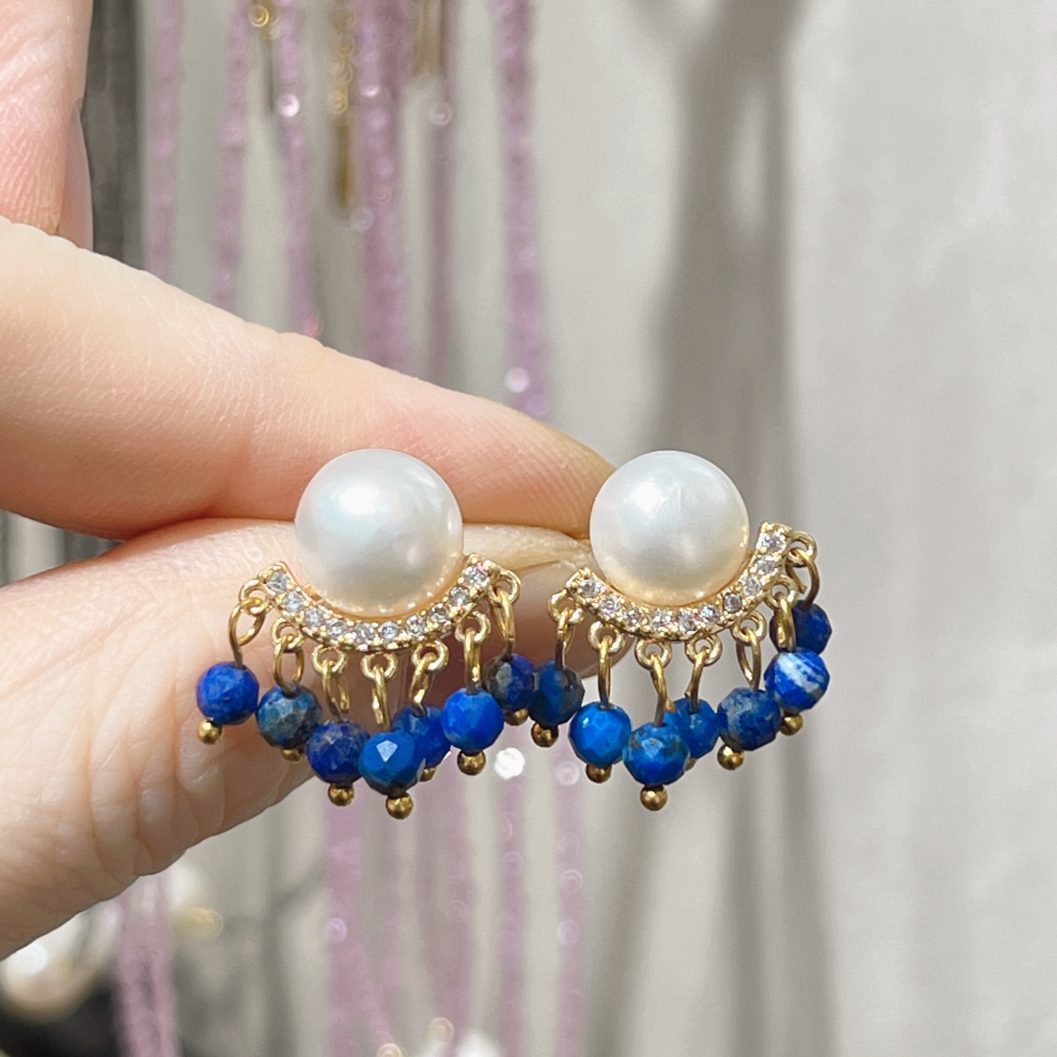 Yunyi Shijia Natural lapis lazuli tassel Earrings, freshwater pearl earrings, New Chinese Style earrings, original design jewelry wholesale in stock detail image 7