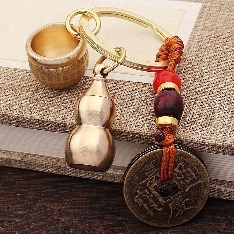 Copper Bai Fu jar gourd keychain, alloy Five Emperors' coins, zodiac gourd, new retro car key pendant and decoration Item Picture