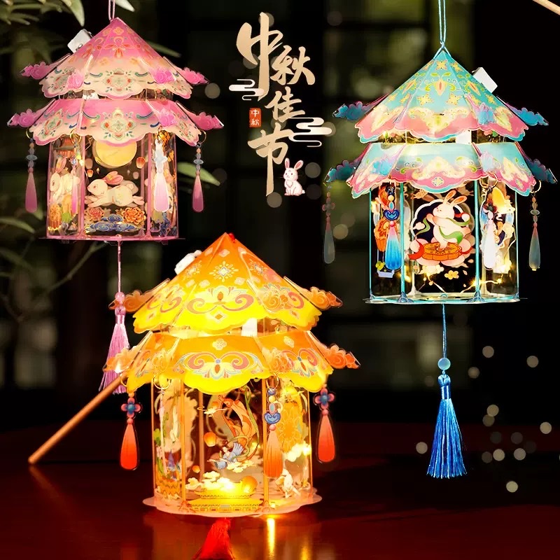 Mid-Autumn Festival hand-held lanterns, rabbit lanterns, children's cartoon palace lanterns, Chinese-style handcrafted luminous lanterns, diy material kits