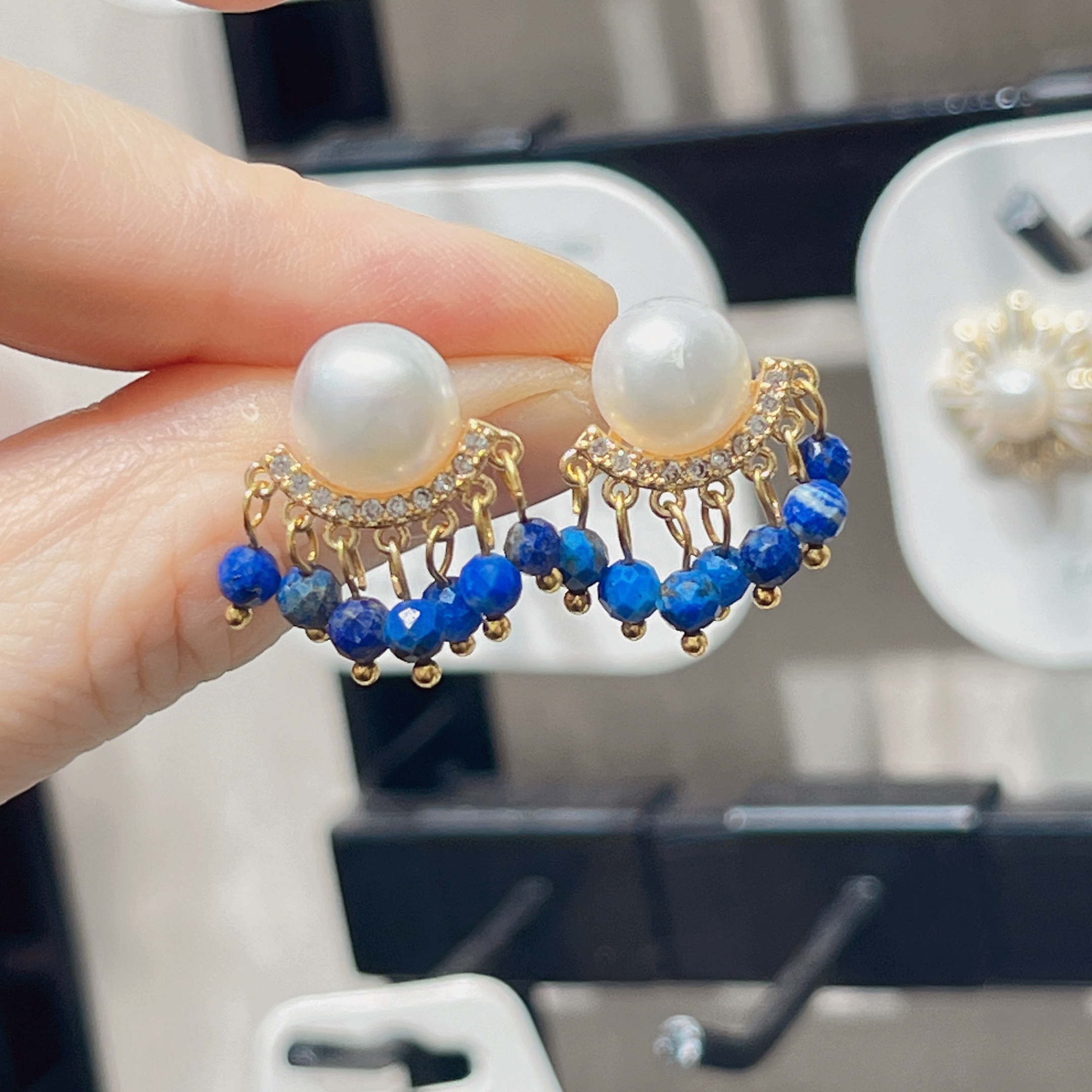 Yunyi Shijia Natural lapis lazuli tassel Earrings, freshwater pearl earrings, New Chinese Style earrings, original design jewelry wholesale in stock detail image 2