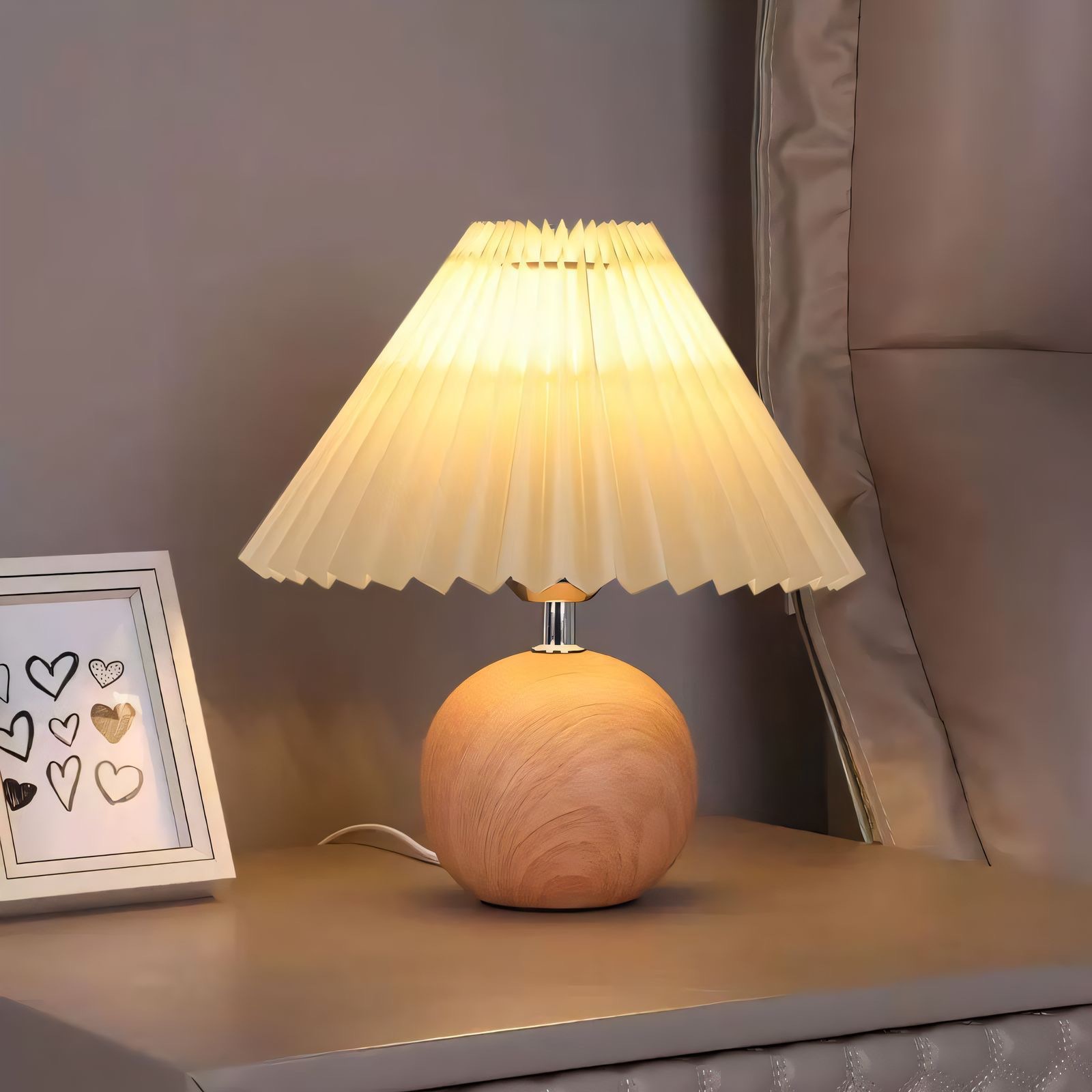 Night light, table lamp, cross-border creative decoration, night lighting, warm and soft light, Nordic ins retro pleated table lamp, warm and romantic atmosphere, bedside lamp, high-end feel, walnut wood night light, creative fabric detail image 11