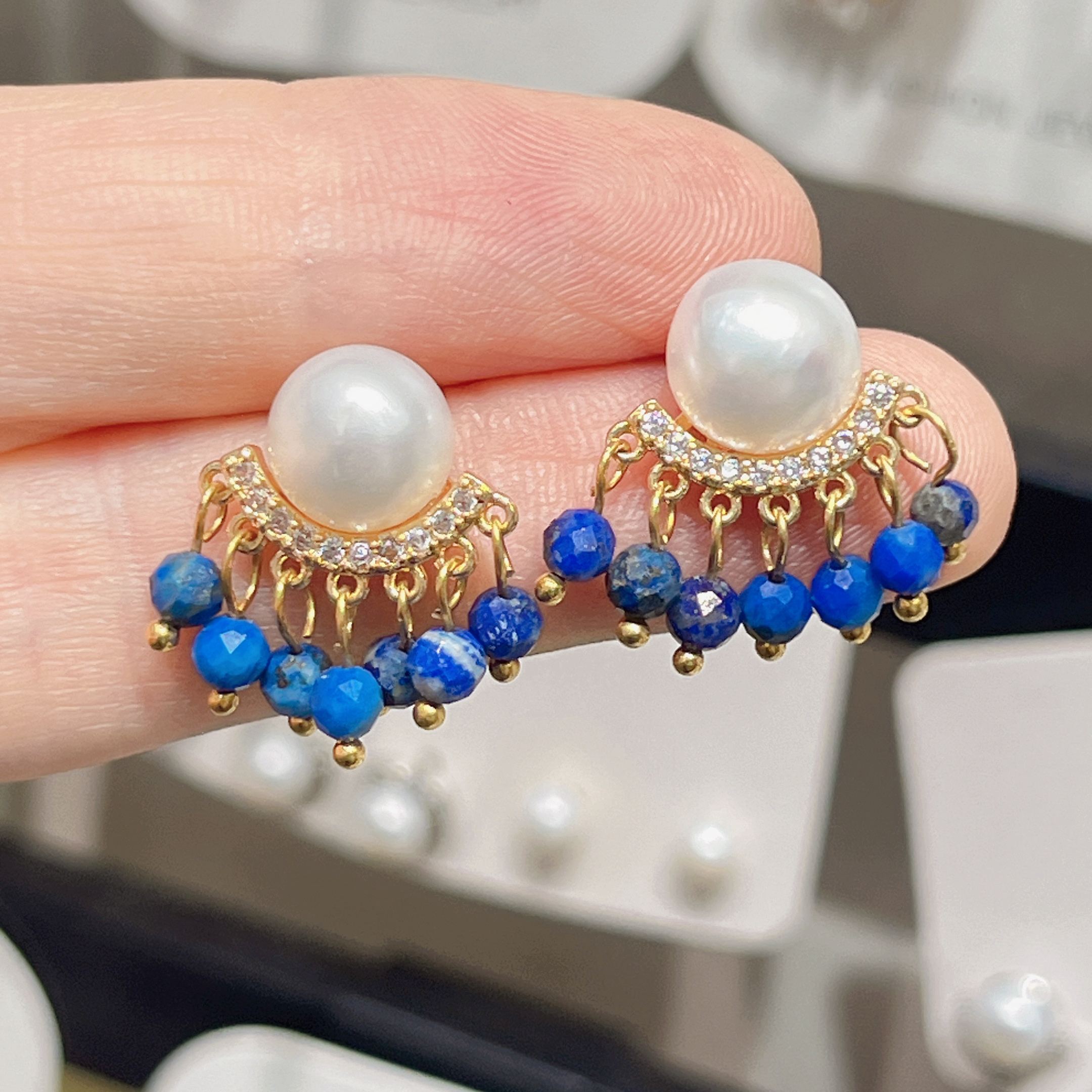 Yunyi Shijia Natural lapis lazuli tassel Earrings, freshwater pearl earrings, New Chinese Style earrings, original design jewelry wholesale in stock detail image 6