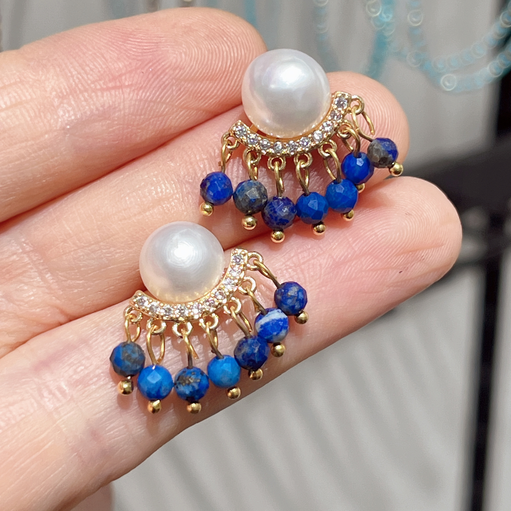 Yunyi Shijia Natural lapis lazuli tassel Earrings, freshwater pearl earrings, New Chinese Style earrings, original design jewelry wholesale in stock detail image 5
