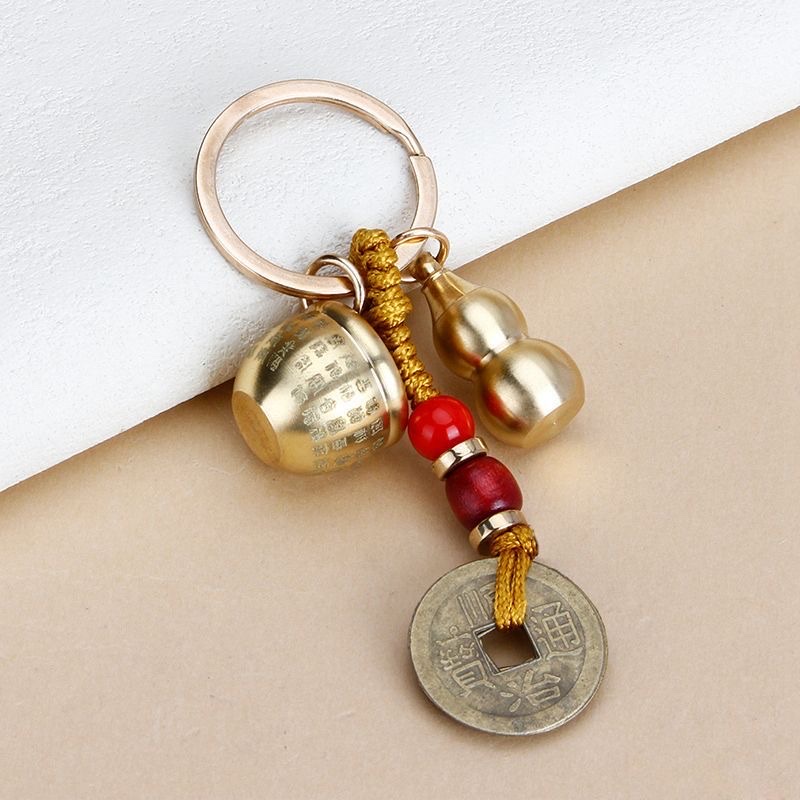 Copper Bai Fu jar gourd keychain, alloy Five Emperors' coins, zodiac gourd, new retro car key pendant and decoration detail image 3