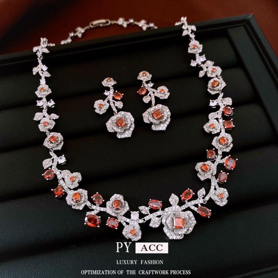 复古风锆石玫瑰花耳环项链宫廷风精致时尚锁骨链轻奢小众首饰套装 项链银饰锆石项链18k金饰品珍珠项链