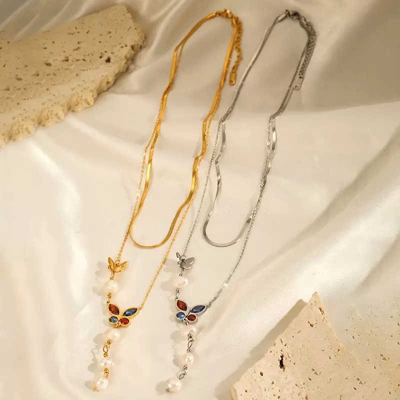 彩色锆石 双层项链。精致 时尚