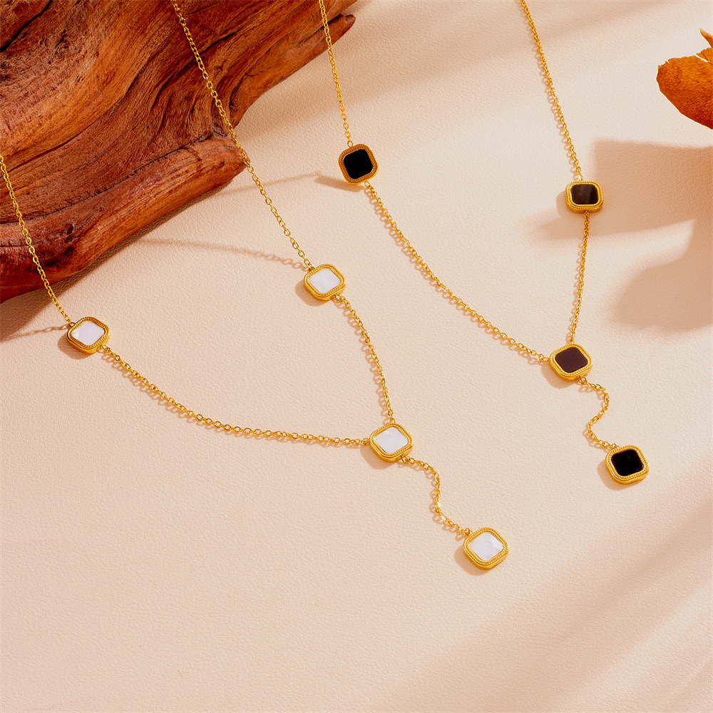 Fashionable stainless steel black and white shell round and square tassel necklace, unique and non-fading titanium steel tassel necklace detail image 6