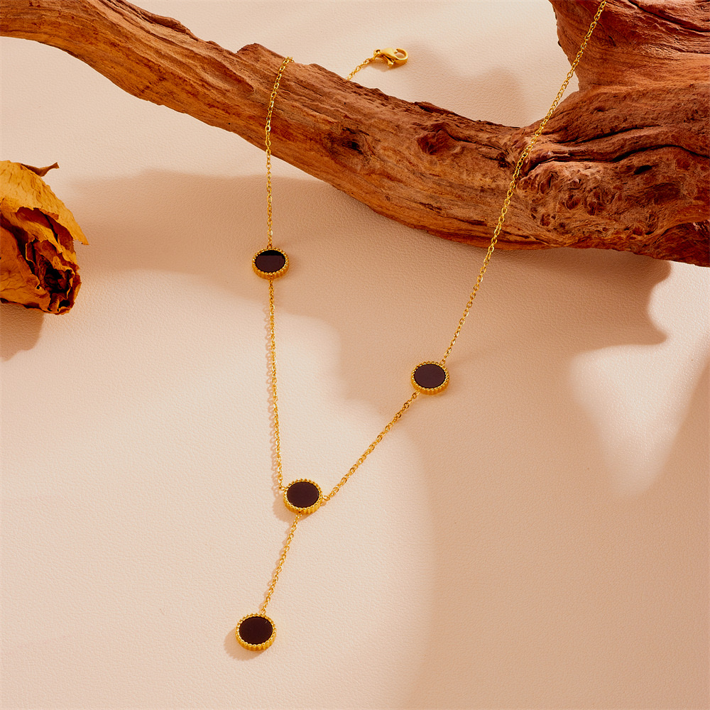 Fashionable stainless steel black and white shell round and square tassel necklace, unique and non-fading titanium steel tassel necklace detail image 5
