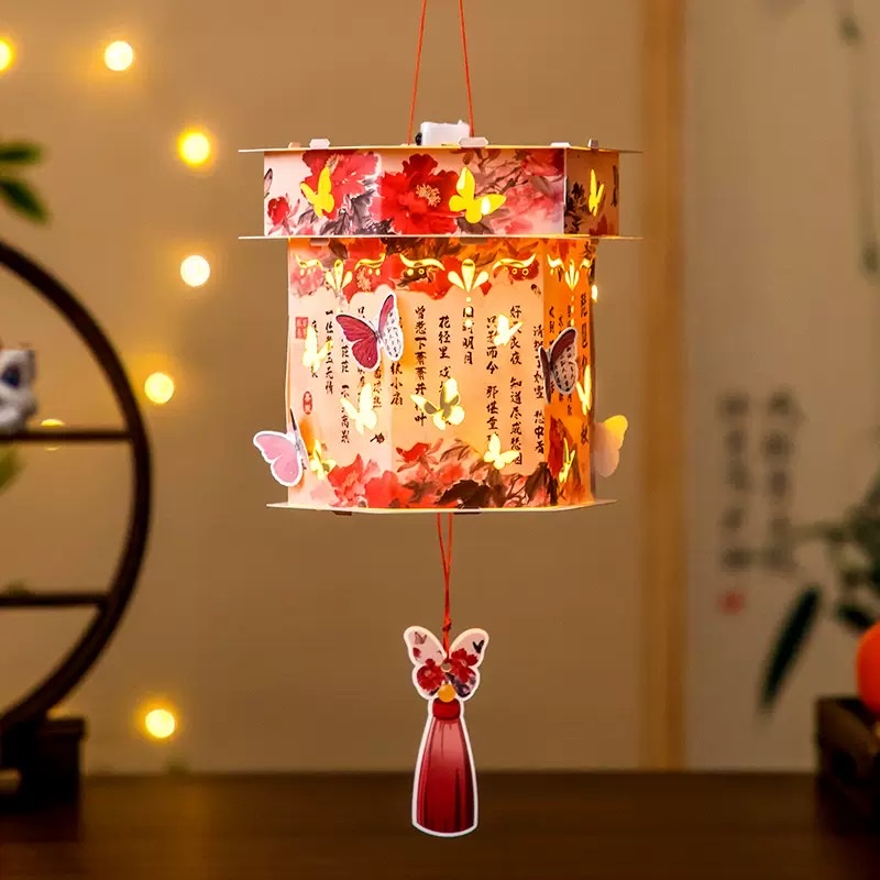 New Mid-Autumn Festival butterfly Palace lantern, ancient style and national trend flower lantern, traditional Chinese style hand-held luminous lantern, diy material package, handcrafted hanging decoration Specification image
