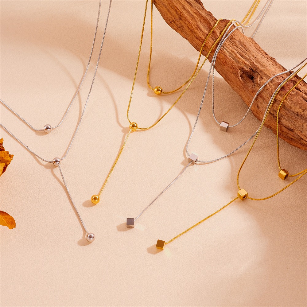 Fashionable design sense stainless steel titanium steel necklace tassel for women, stainless steel non-fading steel ball square tassel necklace detail image 5