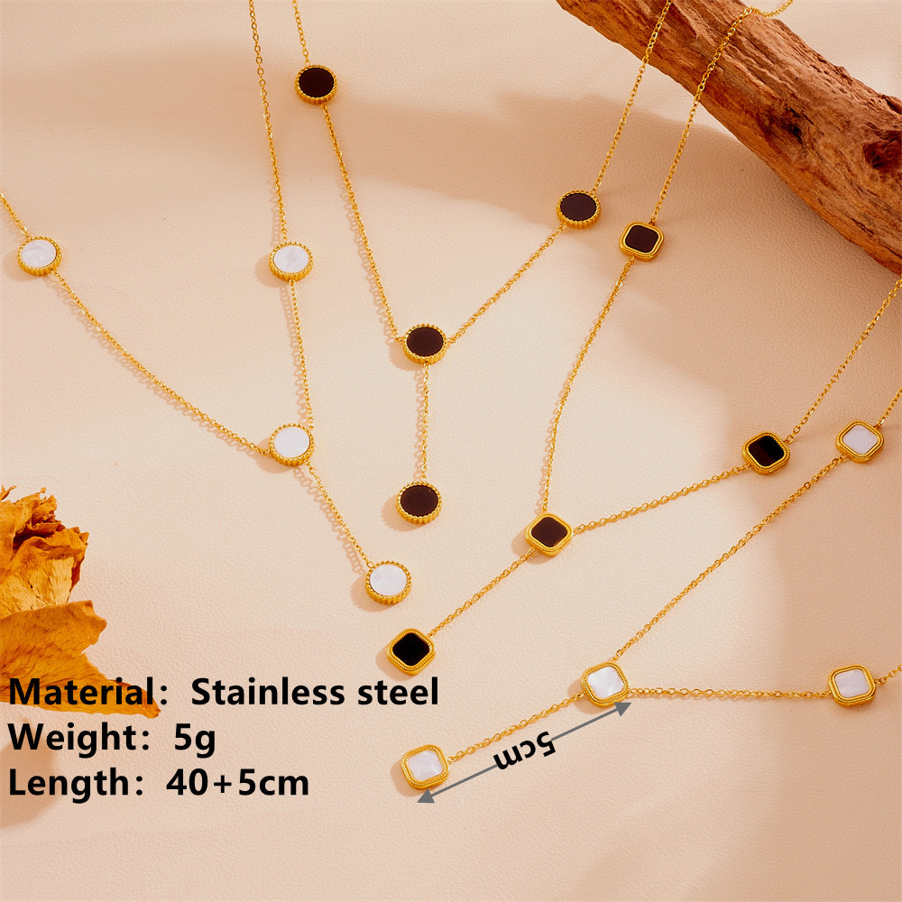 Fashionable stainless steel black and white shell round and square tassel necklace, unique and non-fading titanium steel tassel necklace details Picture