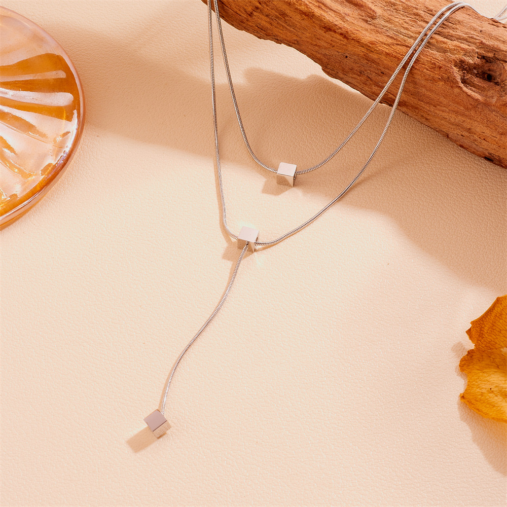 Fashionable design sense stainless steel titanium steel necklace tassel for women, stainless steel non-fading steel ball square tassel necklace detail image 4