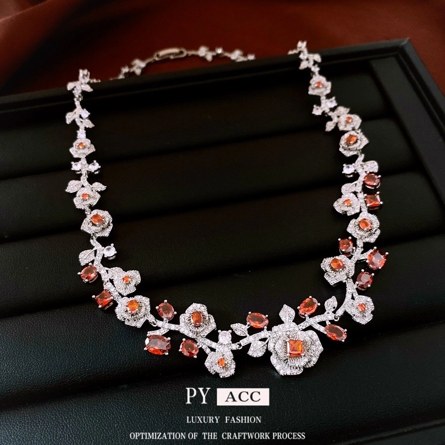 Retro-style zircon rose earrings necklace, court style exquisite and fashionable collarbone chain, light luxury niche jewelry set necklace, silver jewelry zircon necklace, 18k gold jewelry pearl necklace detail image 3