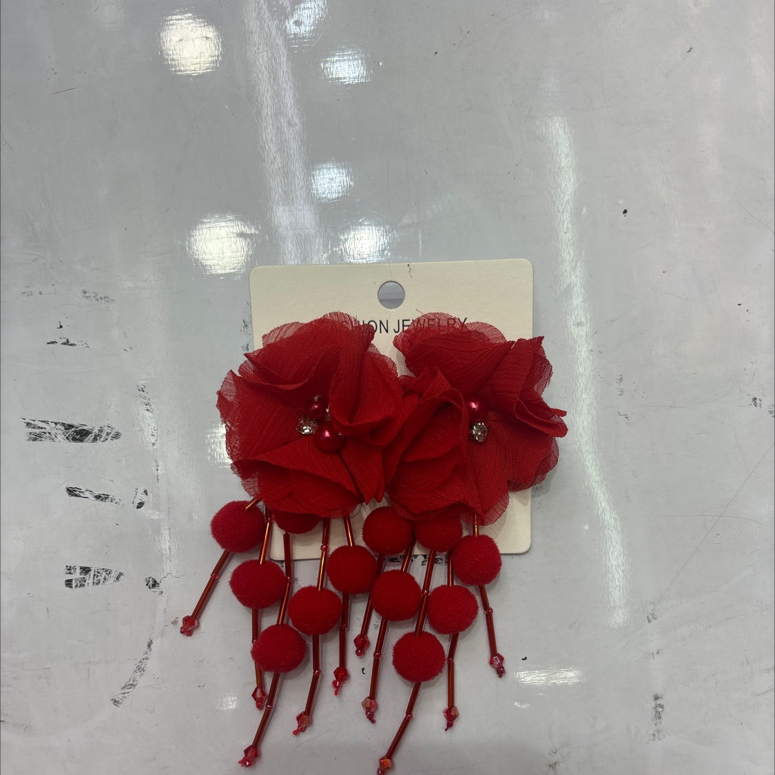 布花毛球挂链耳环