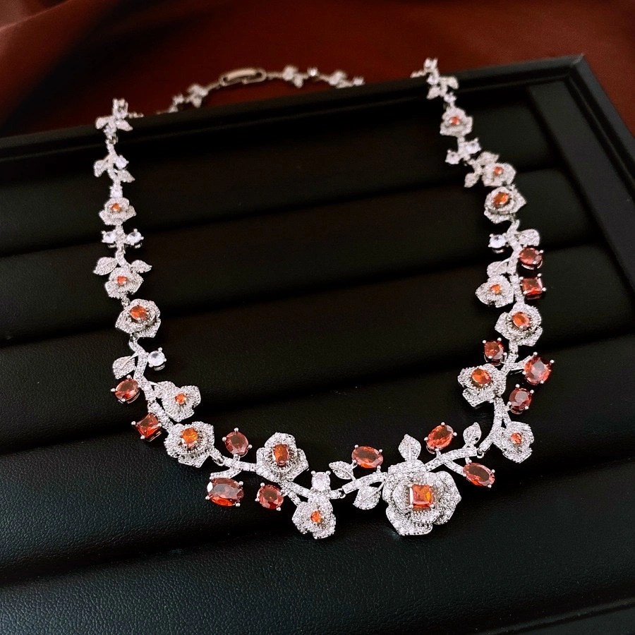 Retro-style zircon rose earrings necklace, court style exquisite and fashionable collarbone chain, light luxury niche jewelry set necklace, silver jewelry zircon necklace, 18k gold jewelry pearl necklace detail image 7