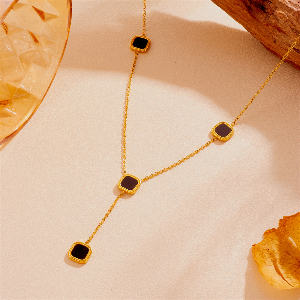 Fashionable stainless steel black and white shell round and square tassel necklace, unique and non-fading titanium steel tassel necklace detail image 2