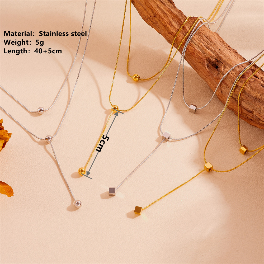 Fashionable design sense stainless steel titanium steel necklace tassel for women, stainless steel non-fading steel ball square tassel necklace detail image 6
