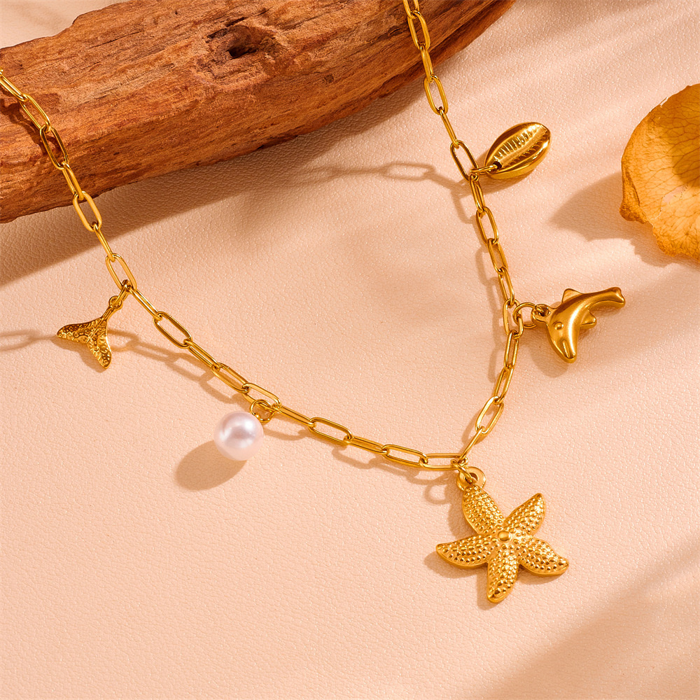 Summer new collection: Ocean Beach multi-style Marine creature necklaces, INS cross-border color preservation natural shell pearl chain necklace detail image 6