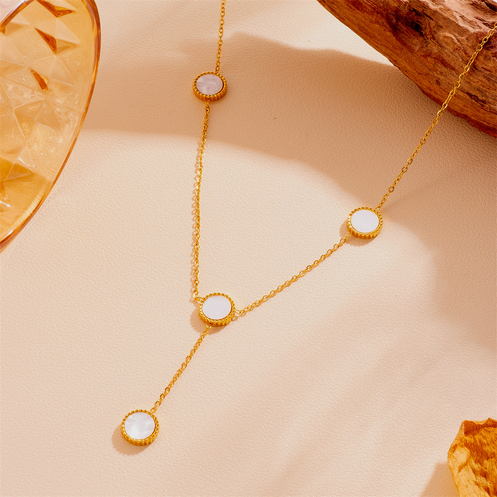 Fashionable stainless steel black and white shell round and square tassel necklace, unique and non-fading titanium steel tassel necklace detail image 9