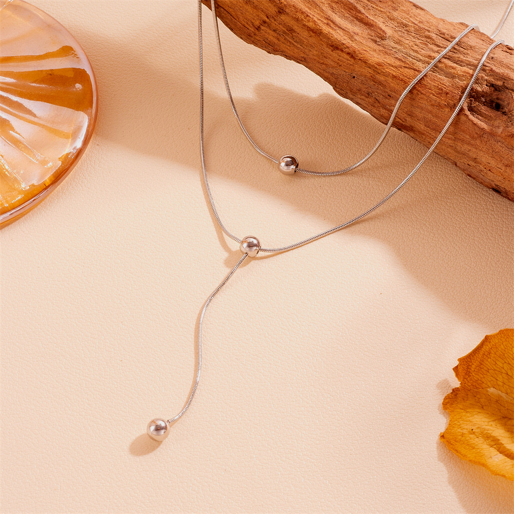 Fashionable design sense stainless steel titanium steel necklace tassel for women, stainless steel non-fading steel ball square tassel necklace detail image 2