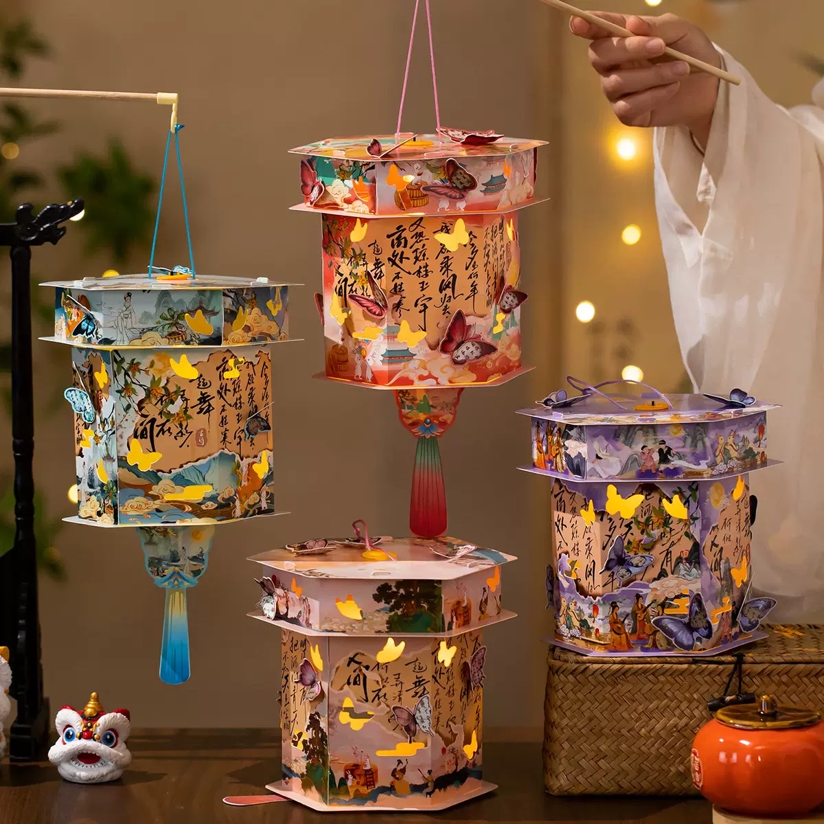 新款中秋蝴蝶宫灯古风国潮花灯传统国风手提发光灯笼diy材料包手工挂饰
