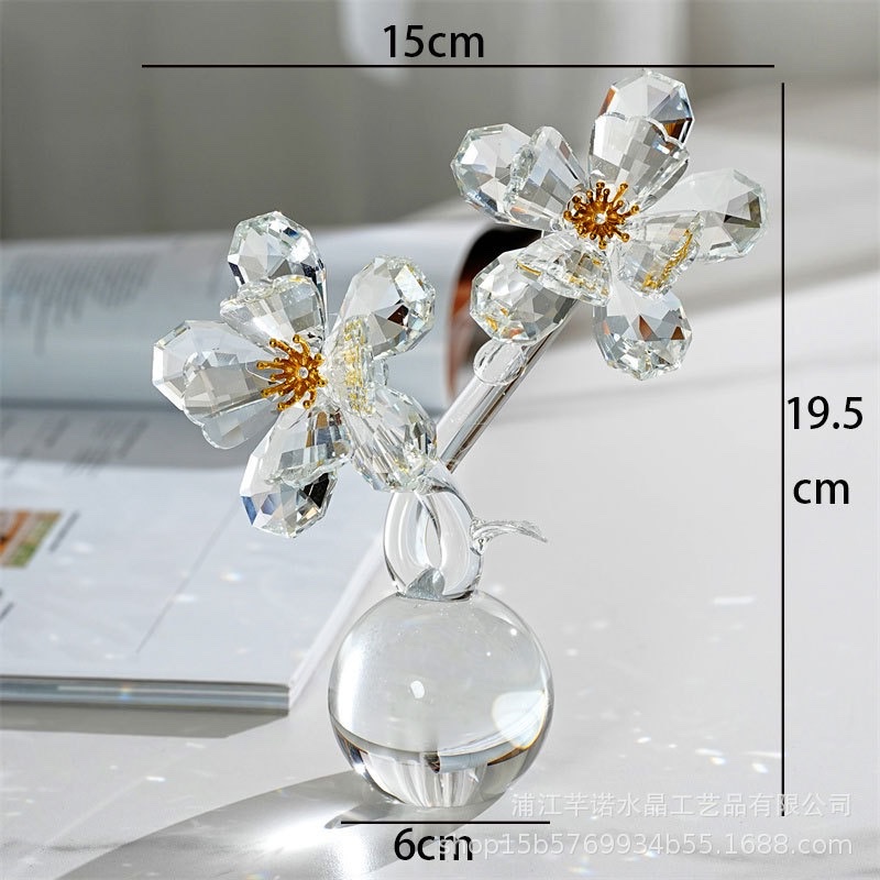 水晶俩头花摆件工艺品家居软装摆件仿真水晶花合金工艺品摆件