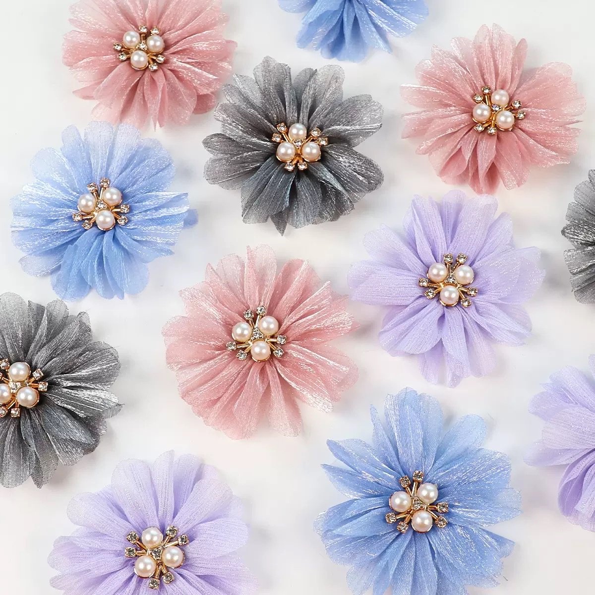 绢花花朵头饰DIY手工小花服装辅料纱花胸针配件材料批发欧根纱花 