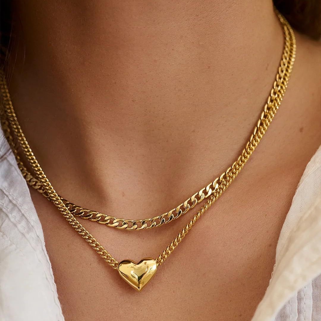 欧美跨境热销黄铜镇金电镀时尚极简风小众设计感爱心吊坠项链套装 