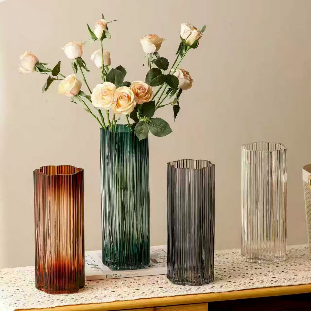 北欧竖条纹梅花直筒玻璃花瓶批发客厅落地富贵竹水培鲜花花器摆件