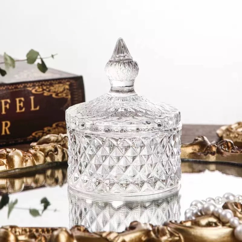 Glass jewelry box, transparent glass candy jar with lid, cosmetic storage box, storage jar, ashtray, pen holder, seasoning jar, glassware, glassware